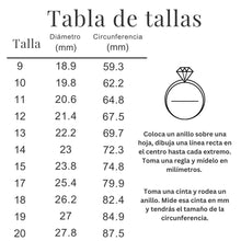 Cargar imagen en el visor de la galería, Tabla de tallas para el Anillo Tres destellos de amor, con diámetros y circunferencias en milímetros (tallas 9-20). Incluye ilustración del anillo hipoalergénico y guía para medir tu talla con otro anillo o cinta métrica.