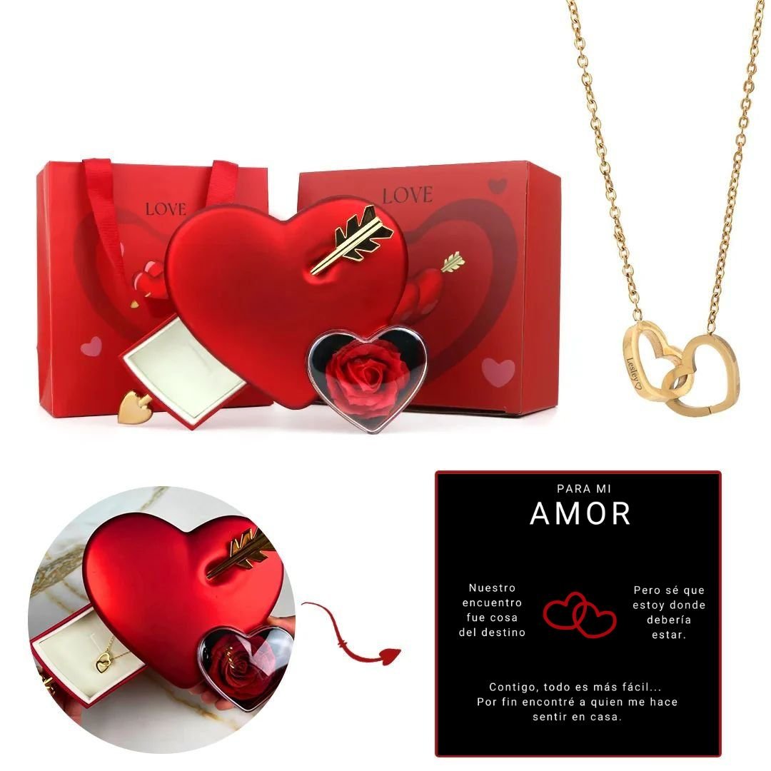 Caja Cupido con rosa eterna y collar con nombres personalizados - Moroveta