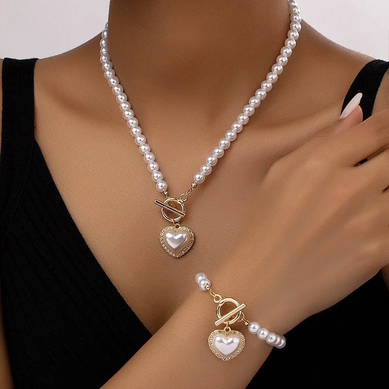 Conjunto de pulsera y collar con colgante de corazón de perlas - Moroveta