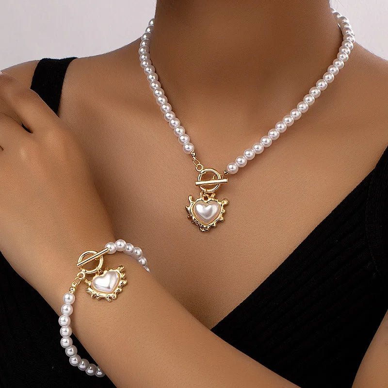 Conjunto de pulsera y collar con colgante de corazón de perlas - Moroveta