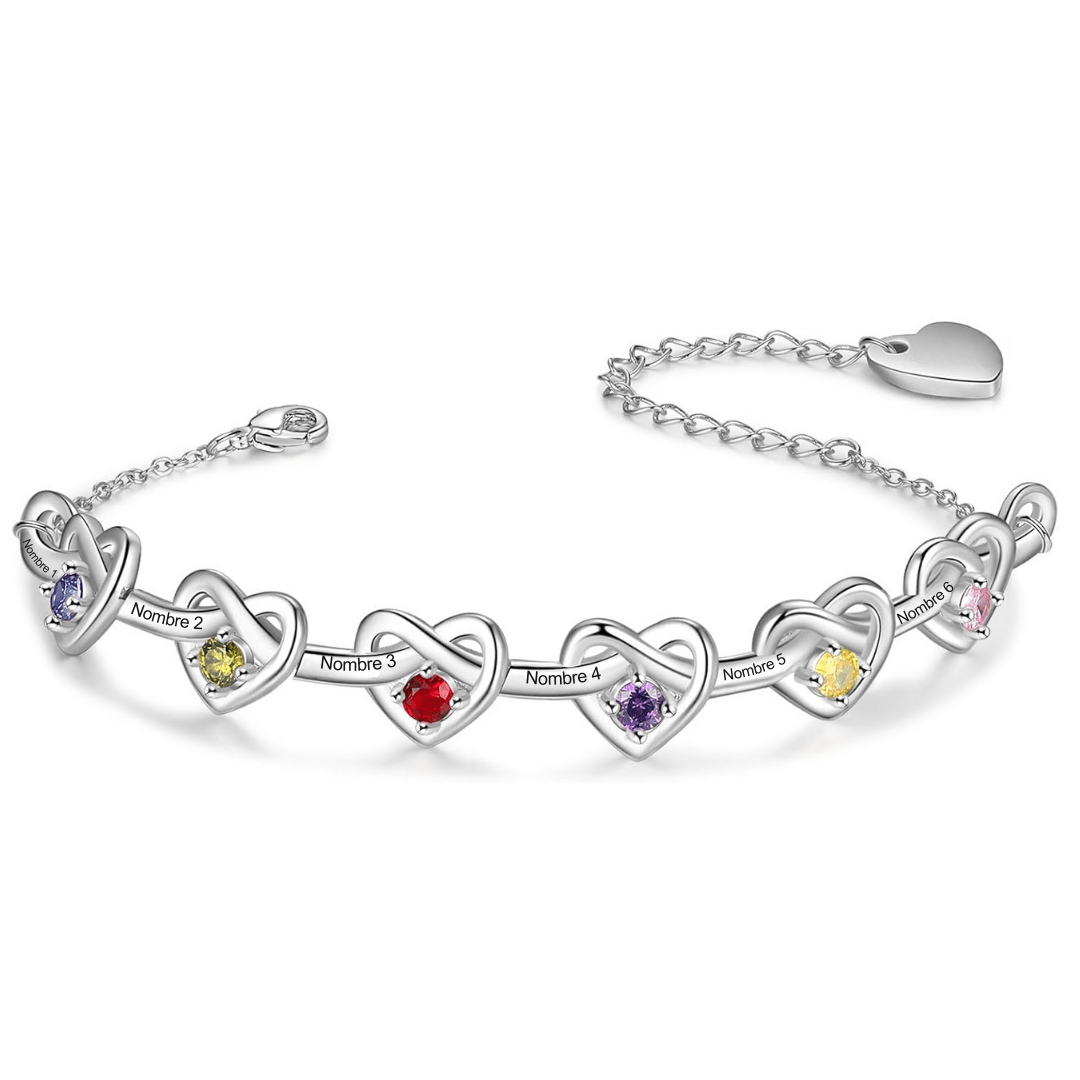 Pulsera corazones unidos con nombres y piedra natal - Moroveta