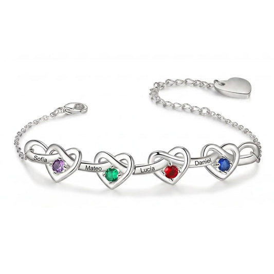 Pulsera corazones unidos con nombres y piedra natal - Moroveta