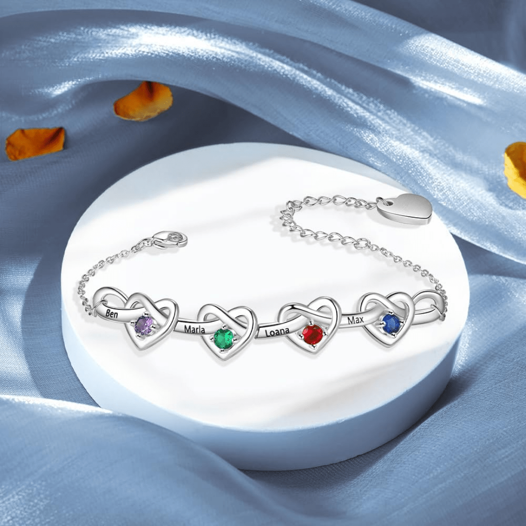 Pulsera corazones unidos con nombres y piedra natal - Moroveta