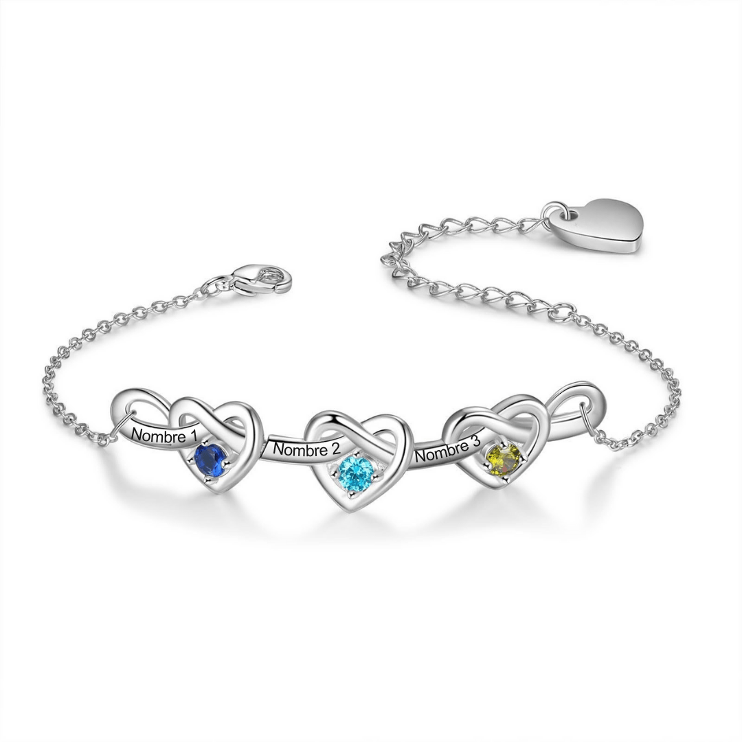 Pulsera corazones unidos con nombres y piedra natal - Moroveta