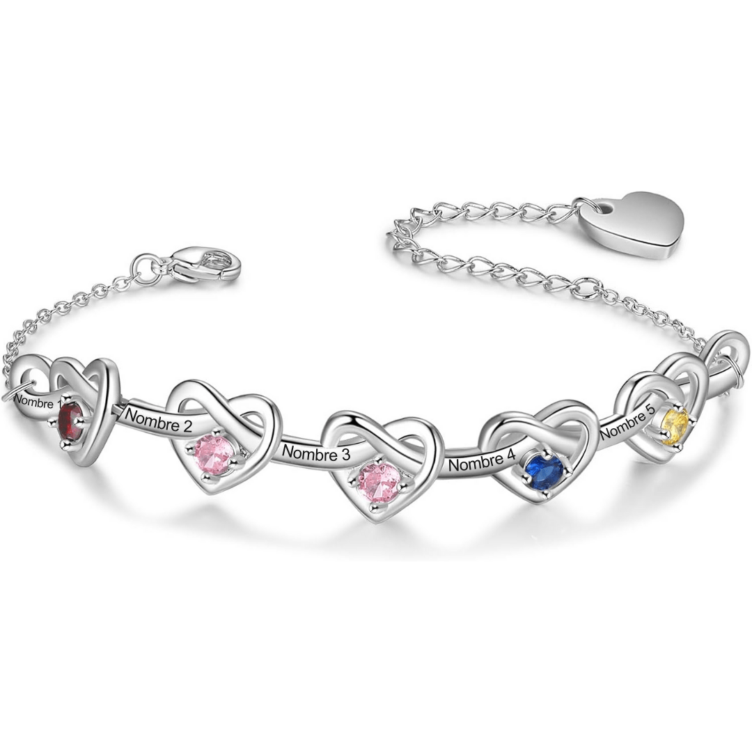 Pulsera corazones unidos con nombres y piedra natal - Moroveta