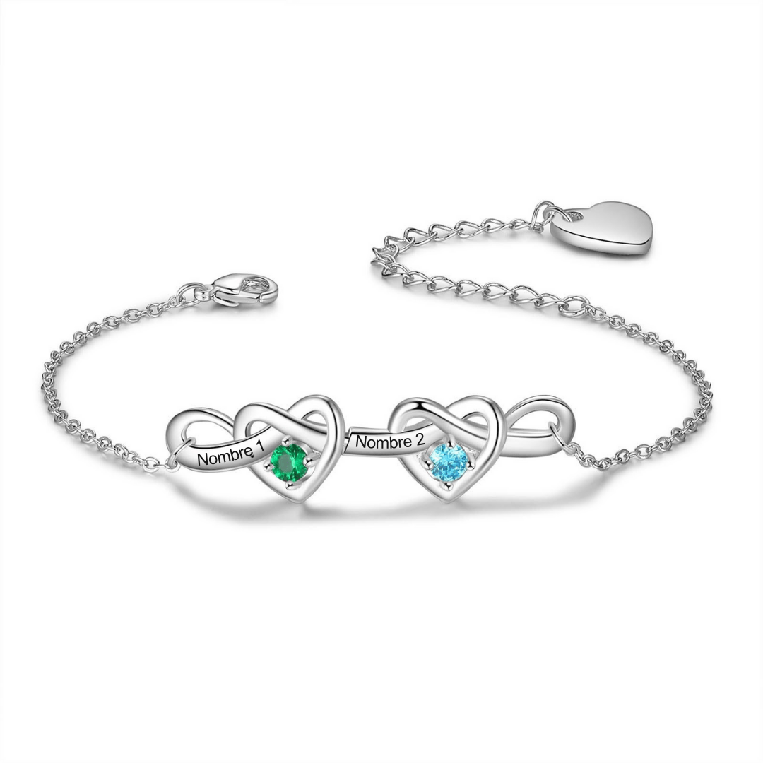 Pulsera corazones unidos con nombres y piedra natal - Moroveta