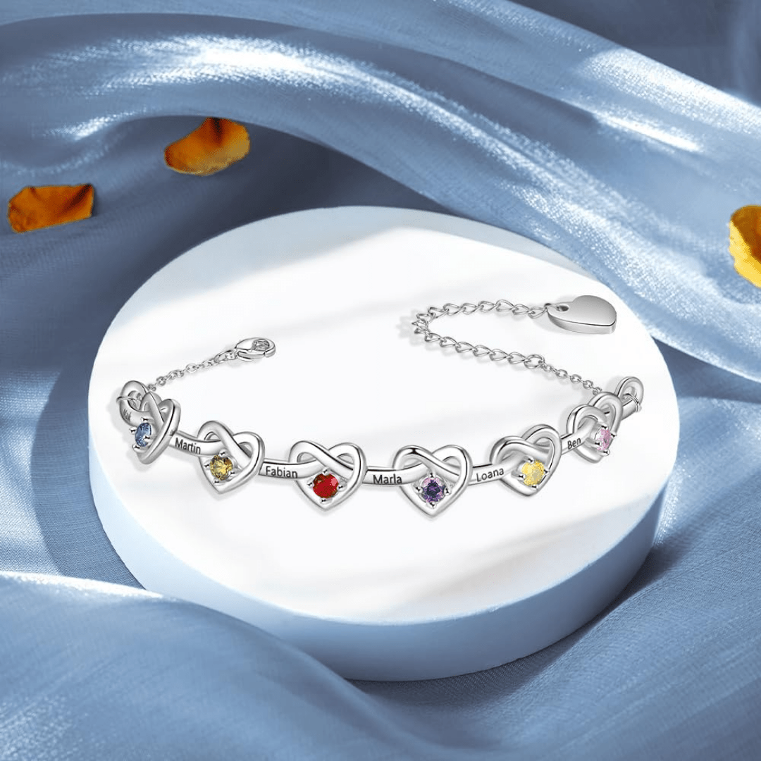 Pulsera corazones unidos con nombres y piedra natal - Moroveta