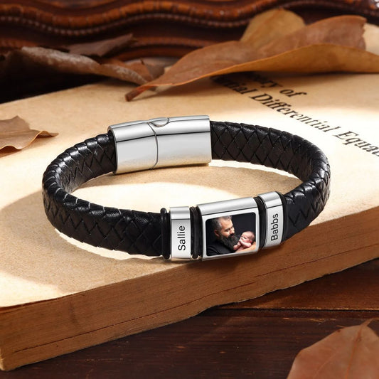 Pulsera de cuero con foto y nombres grabados - Moroveta