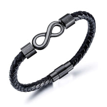 Cargar imagen en el visor de la galería, Pulsera Infinito personalizada - A mi Hombre: elegante pulsera negra de cuero trenzado con símbolo infinito metálico y cierre moderno. Ideal como regalo para hombre, perfecta como pulsera infinito personalizada.