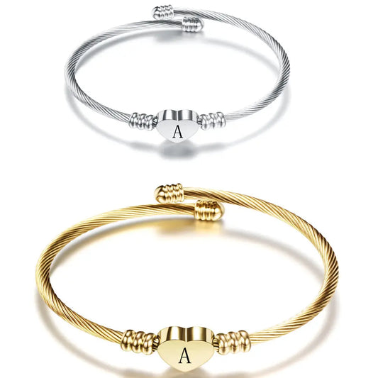Women A-Z Initial Letter Love Heart Alphabet Name Cuff Bracelets - Moroveta