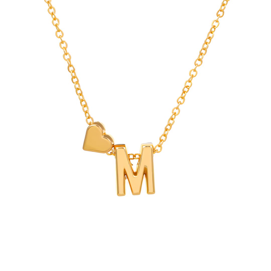 Pulsera de tobillo con inicial en color dorado, con un dije de corazón y una letra M destacada en el centro sobre fondo blanco.