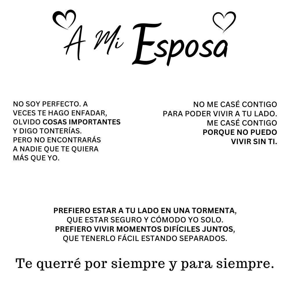 Imagen en blanco y negro con el texto "A mi esposa" que expresa amor para toda la vida, ideal como regalo para pareja y perfectamente combinado con el "Collar corazón para siempre" para mostrar un compromiso duradero con su esposa.