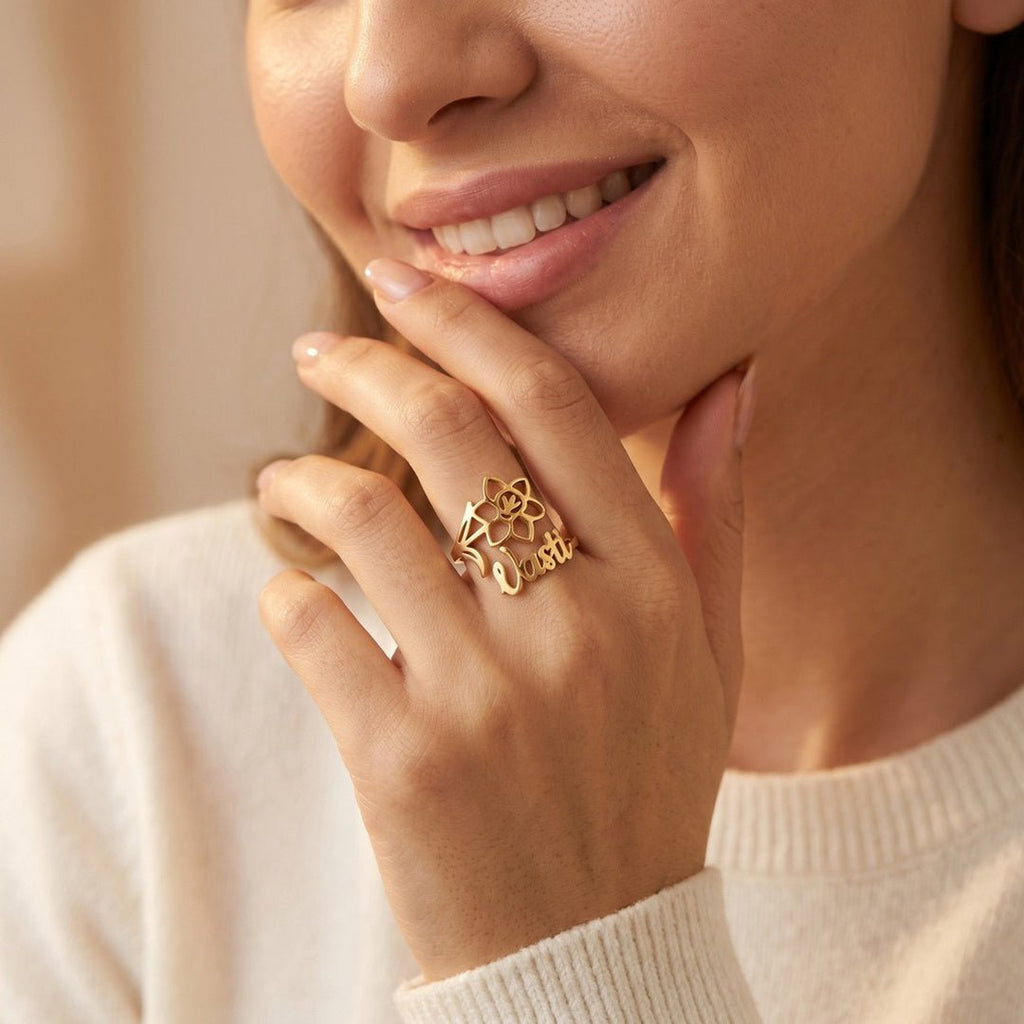 Anillo con nombre y flor de nacimiento - Moroveta