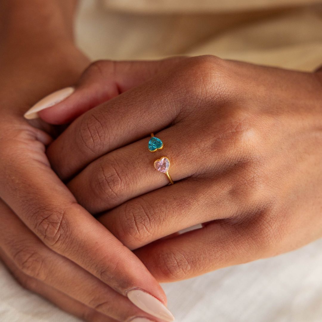 Anillo de doble corazones con píedras de nacimiento - Moroveta