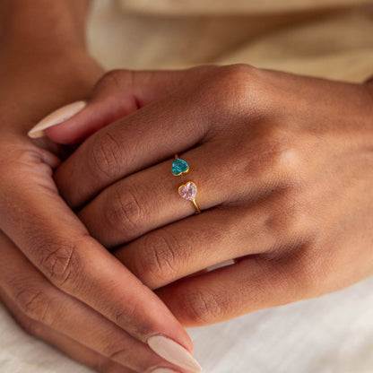 Anillo de doble corazones con píedras de nacimiento - Moroveta