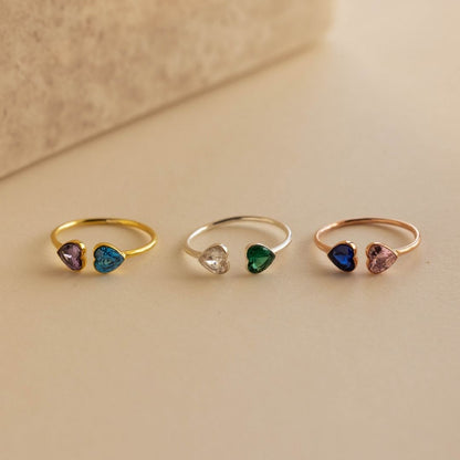Anillo de doble corazones con píedras de nacimiento - Moroveta