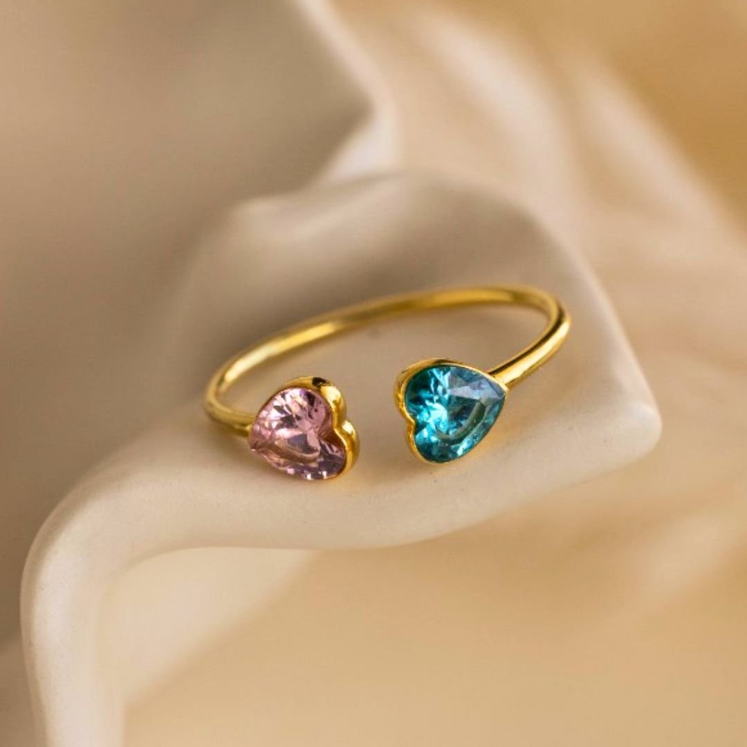 Anillo de doble corazones con píedras de nacimiento - Moroveta