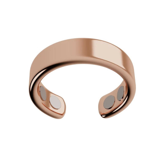 El Anillo de Magnoterapia - Alivio para la menopausia en color oro rosa, con acabado pulido y banda abierta, integra cuatro imanes circulares internos para ayudar a aliviar síntomas de la menopausia. Presentado sobre fondo blanco liso.
