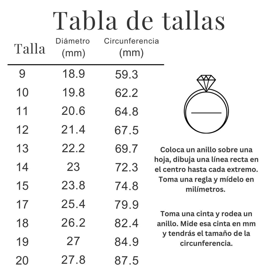 Tabla de tallas para el Anillo Tres destellos de amor, con diámetros y circunferencias en milímetros (tallas 9-20). Incluye ilustración del anillo hipoalergénico y guía para medir tu talla con otro anillo o cinta métrica.