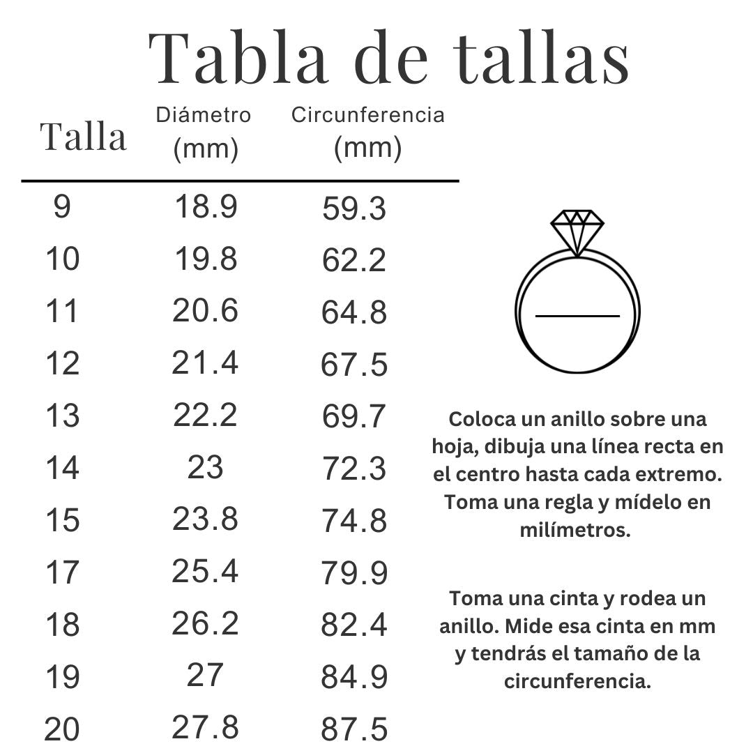 Tabla de tallas para el Anillo Tres destellos de amor, con diámetros y circunferencias en milímetros (tallas 9-20). Incluye ilustración del anillo hipoalergénico y guía para medir tu talla con otro anillo o cinta métrica.