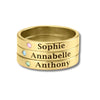 Tres anillos apilables con nombres y piedras de nacimiento, grabados con Sophie, Annabelle y Anthony. Cada anillo tiene una gema única junto al nombre.