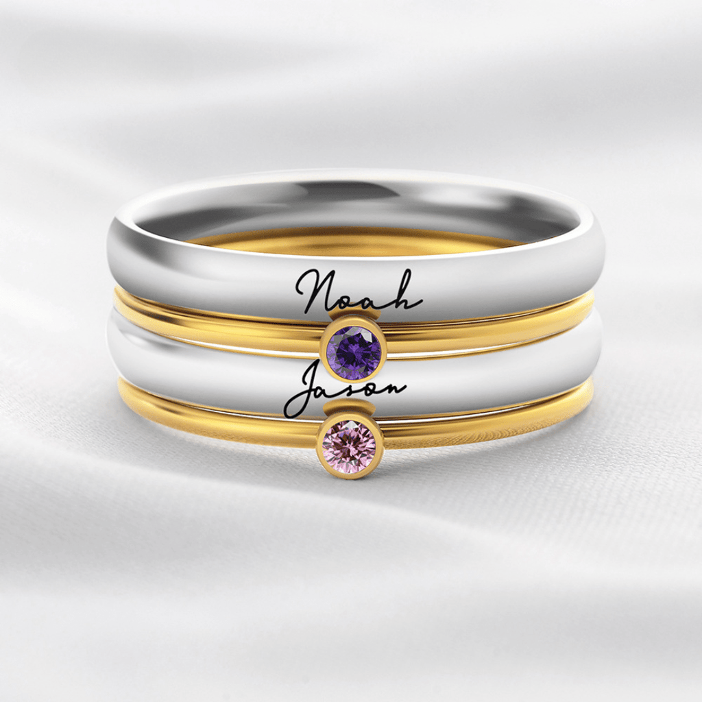 Anillos apilables con piedras de nacimiento y nombre personalizado - Moroveta