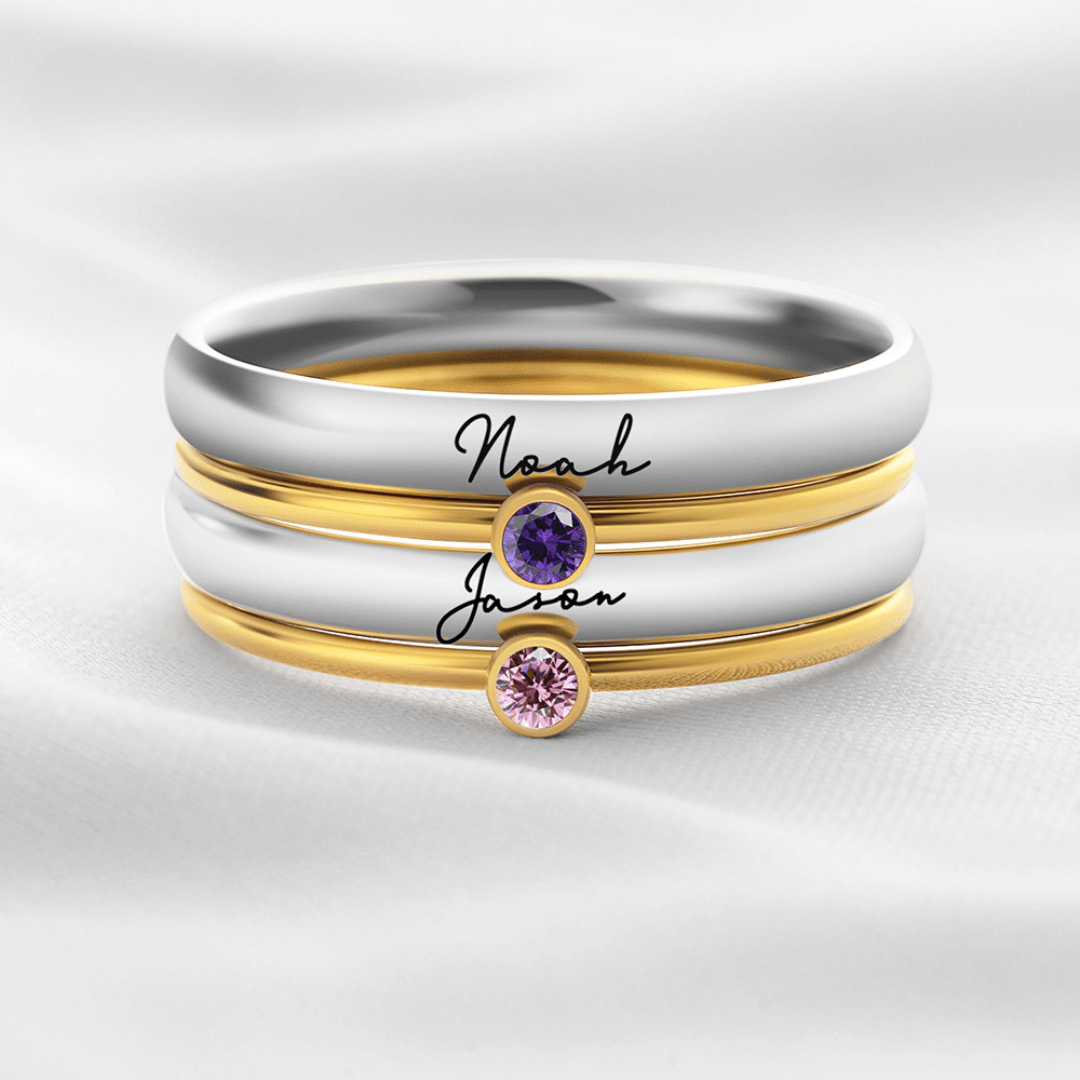 Anillos apilables con piedras de nacimiento y nombre personalizado - Moroveta