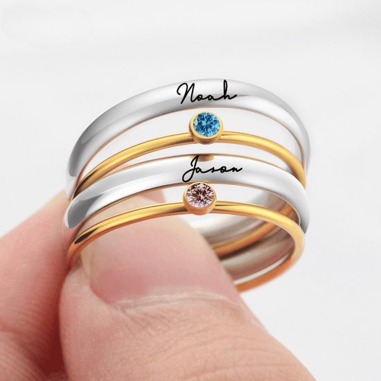 Anillos apilables con piedras de nacimiento y nombre personalizado - Moroveta