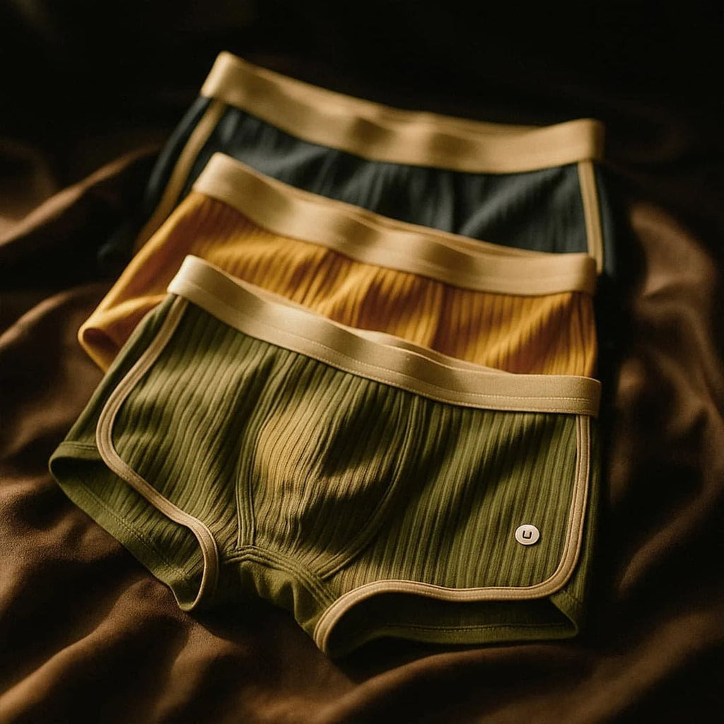 Tres pares de Boxers icónicos en tejido acanalado -verde oscuro, amarillo mostaza y verde oliva con cinturilla beige- están pulcramente apilados sobre un fondo de tela marrón.