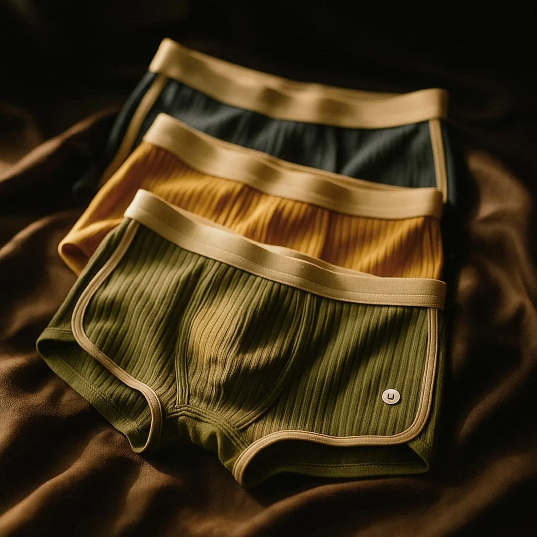 Tres pares de Boxers icónicos en tejido acanalado -verde oscuro, amarillo mostaza y verde oliva con cinturilla beige- están pulcramente apilados sobre un fondo de tela marrón.