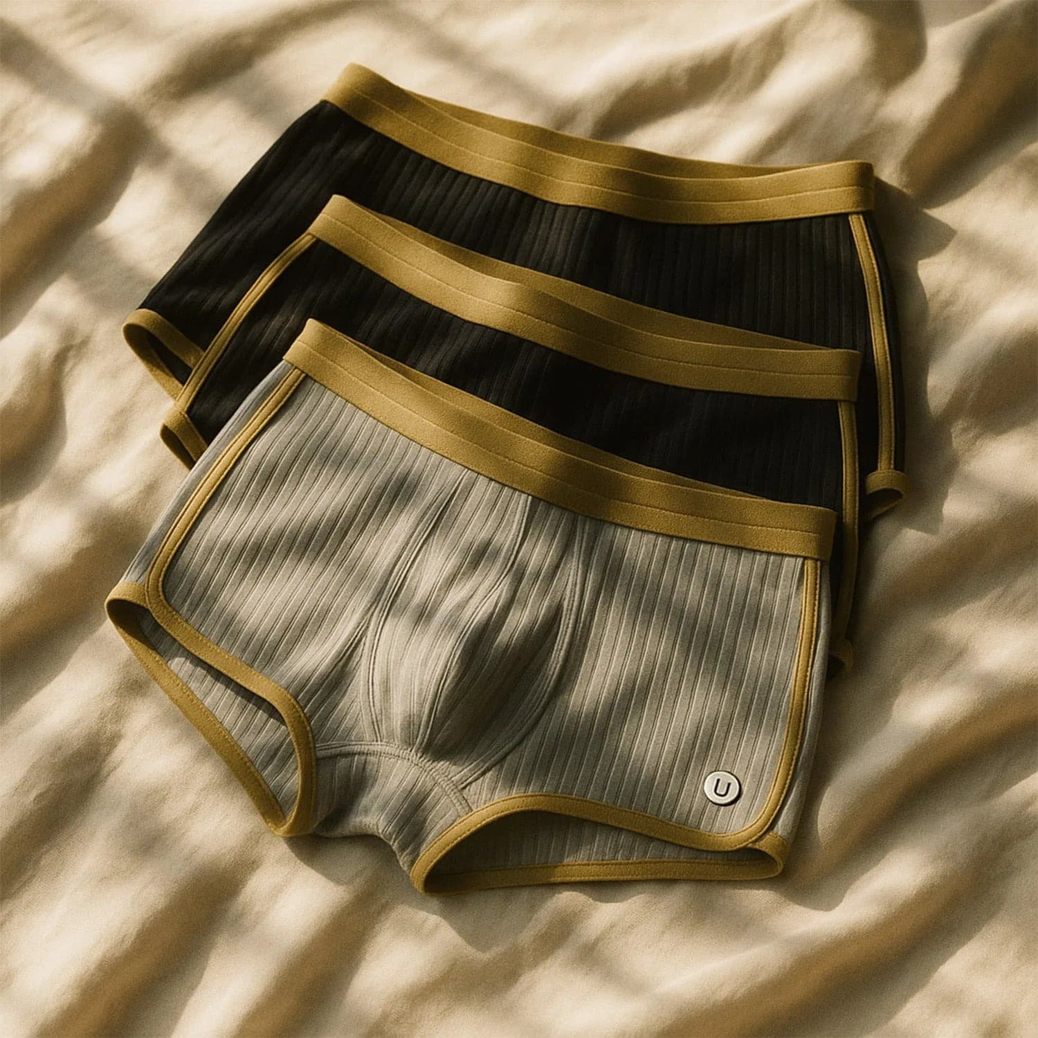 Tres pares de Boxers icónicos -dos negros y uno verde oliva, con cintura y ribetes elásticos dorados- se exhiben sobre tela beige bajo una suave luz natural.