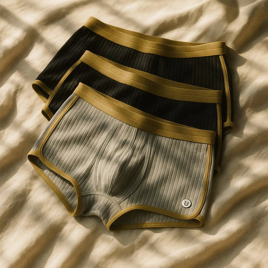 Tres pares de Boxers icónicos -dos negros y uno verde oliva, con cintura y ribetes elásticos dorados- se exhiben sobre tela beige bajo una suave luz natural.