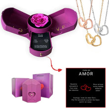 Cargar imagen en el visor de la galería, Caja con rosa eterna y collar de corazón con nombres personalizados - Moroveta