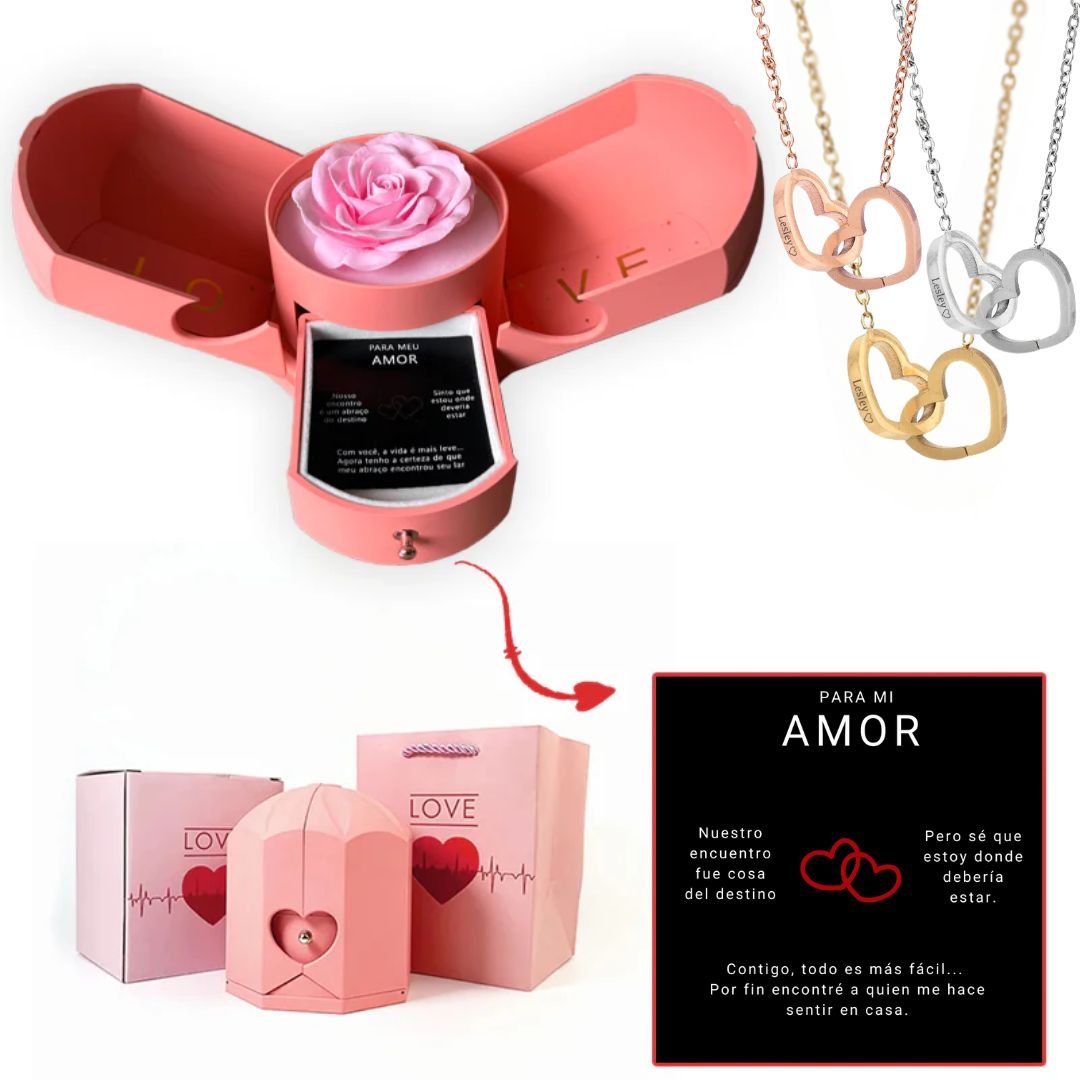 Caja con rosa eterna y collar de corazón con nombres personalizados - Moroveta