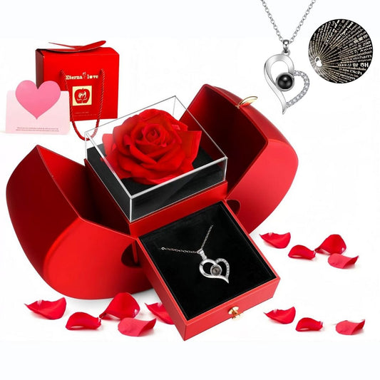 Caja con rosa eterna y collar de corazón - Set de regalo completo - Moroveta