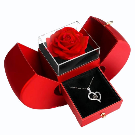 Caja con rosa eterna y collar de corazón - Set de regalo completo - Moroveta