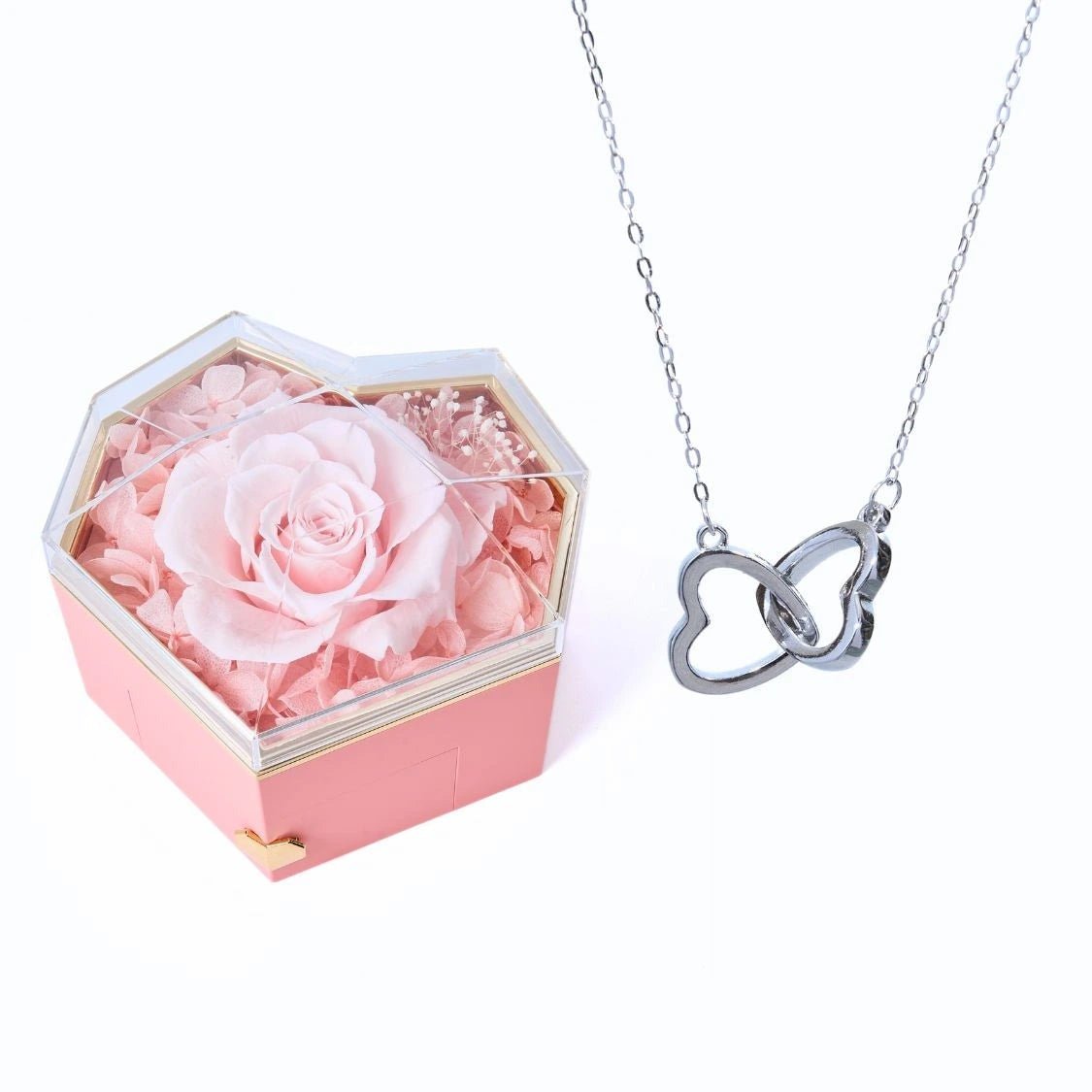 Caja con rosa eterna y collar de corazones personalizados - Moroveta