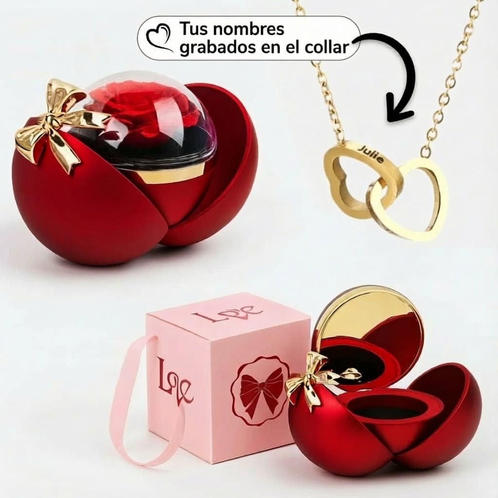 Caja Corazón con rosa eterna y collar corazón personalizado: incluye una caja en forma de corazón con rosa eterna, un lazo dorado y un collar con dos corazones entrelazados personalizable con nombres grabados.