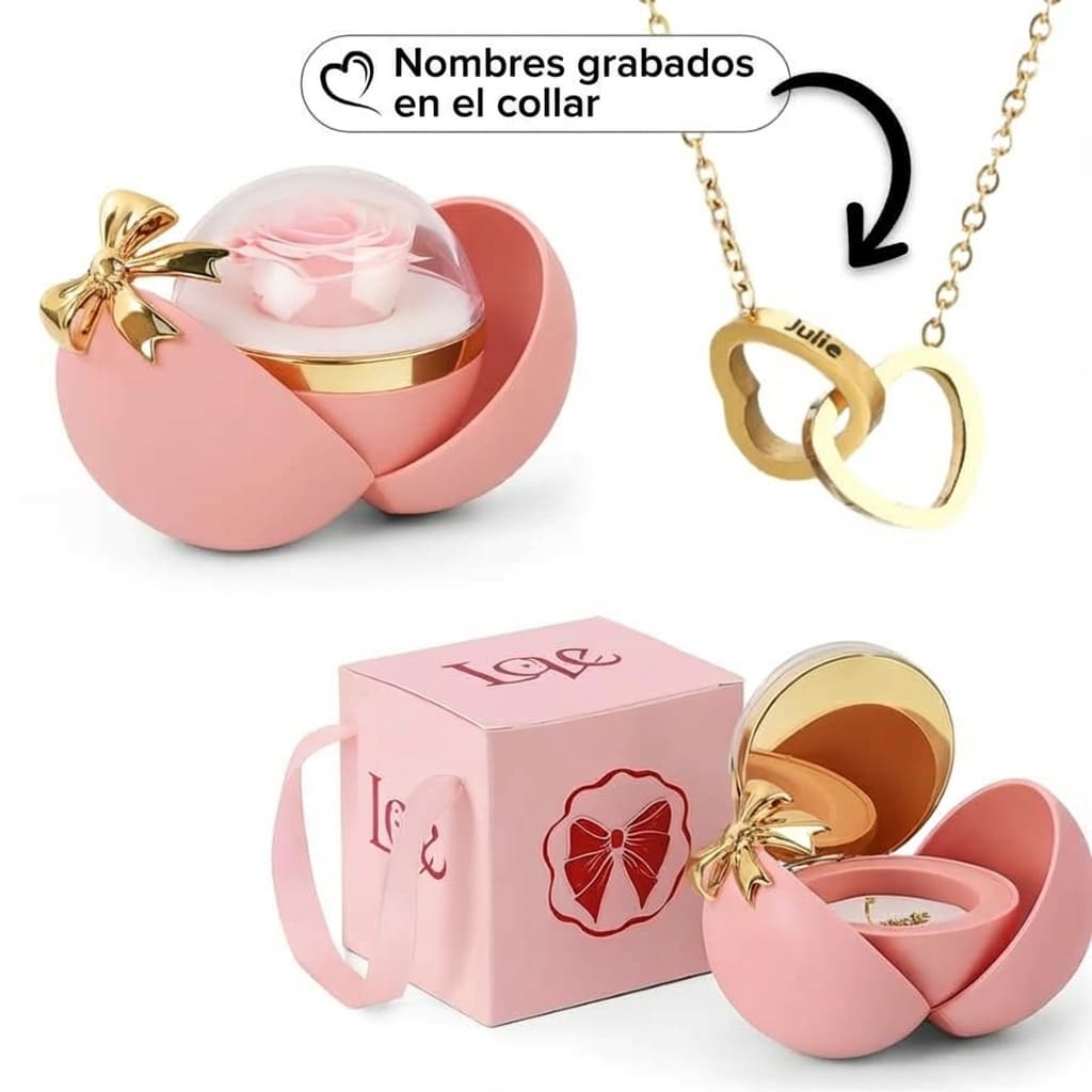 Una caja rosa en forma de corazón con la etiqueta "Amor" contiene una rosa preservada y un collar de corazón personalizado para nombres grabados.