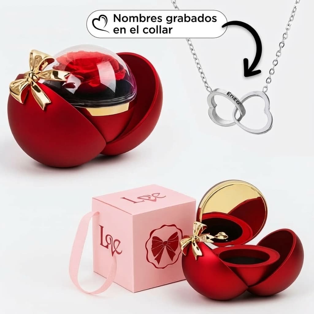 Una caja roja en forma de corazón con la etiqueta Love contiene una rosa preservada y un espacio para un collar de corazón grabado personalizado. Cerca hay un collar de mariposas de plata, con una nota sobre grabados personalizados.