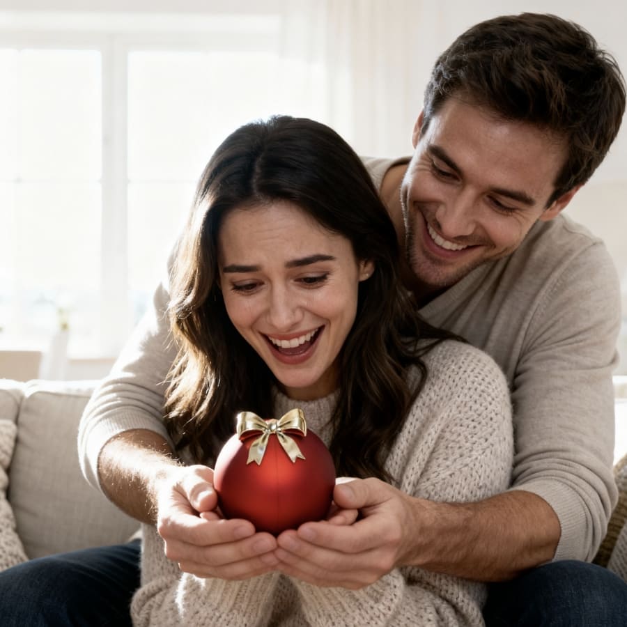 Una pareja sonriente sentada en un sofá, abrazándose mientras sostienen un adorno rojo con un lazo dorado en un acogedor salón decorado con la Caja Corazón con rosa eterna y collar corazón personalizado.