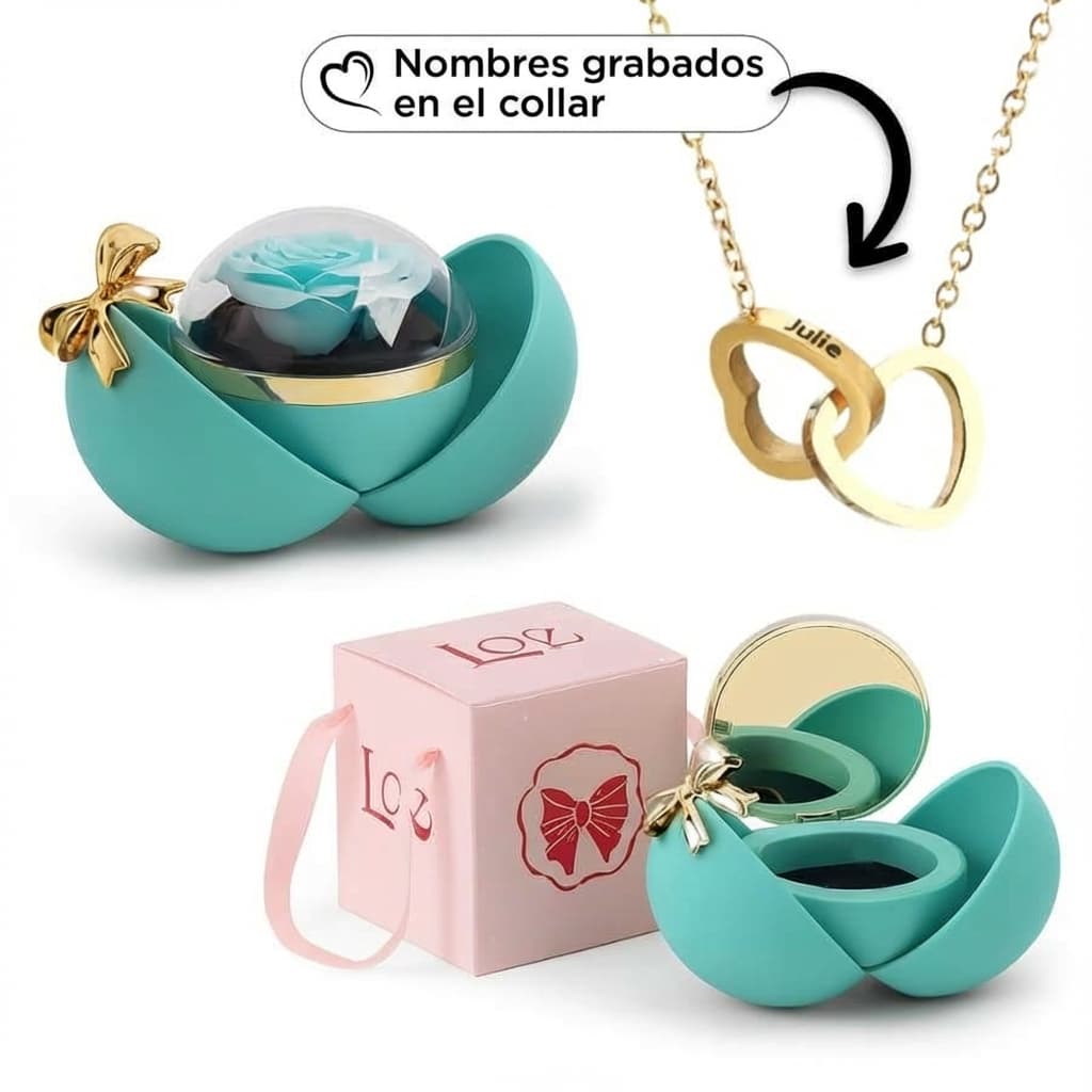 Caja Corazón con rosa eterna: una caja de joyería turquesa con rosa azul conservada y lazo dorado, junto a una caja rosa y un collar corazón personalizado con nombres grabados en anillos entrelazados.