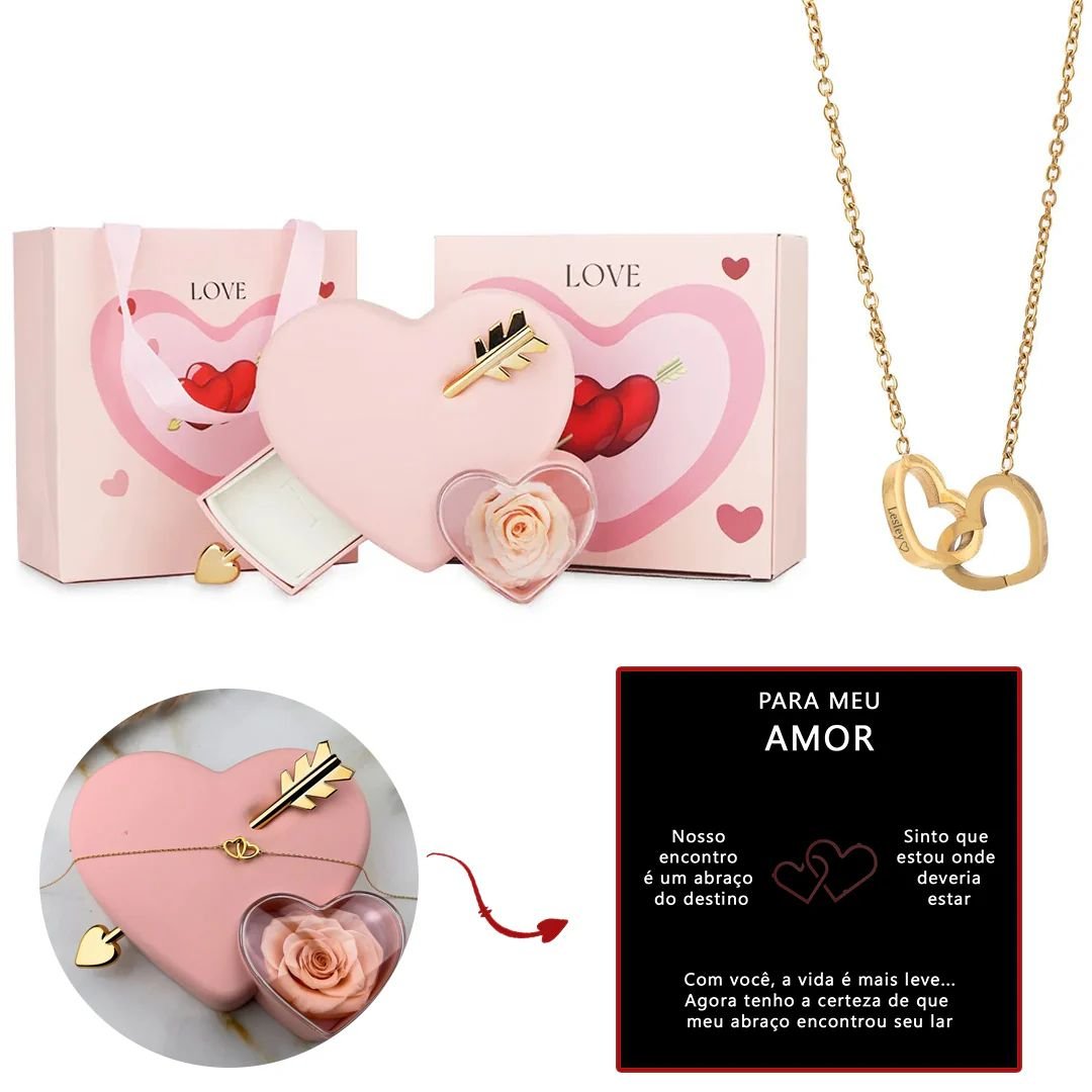 Caja cupido con rosa eterna y collar con nombres personalizados - Moroveta