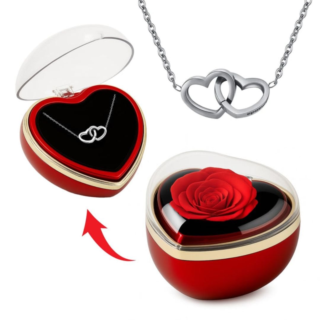 Caja de corazón con rosa eterna y collar - Set de regalo - Moroveta