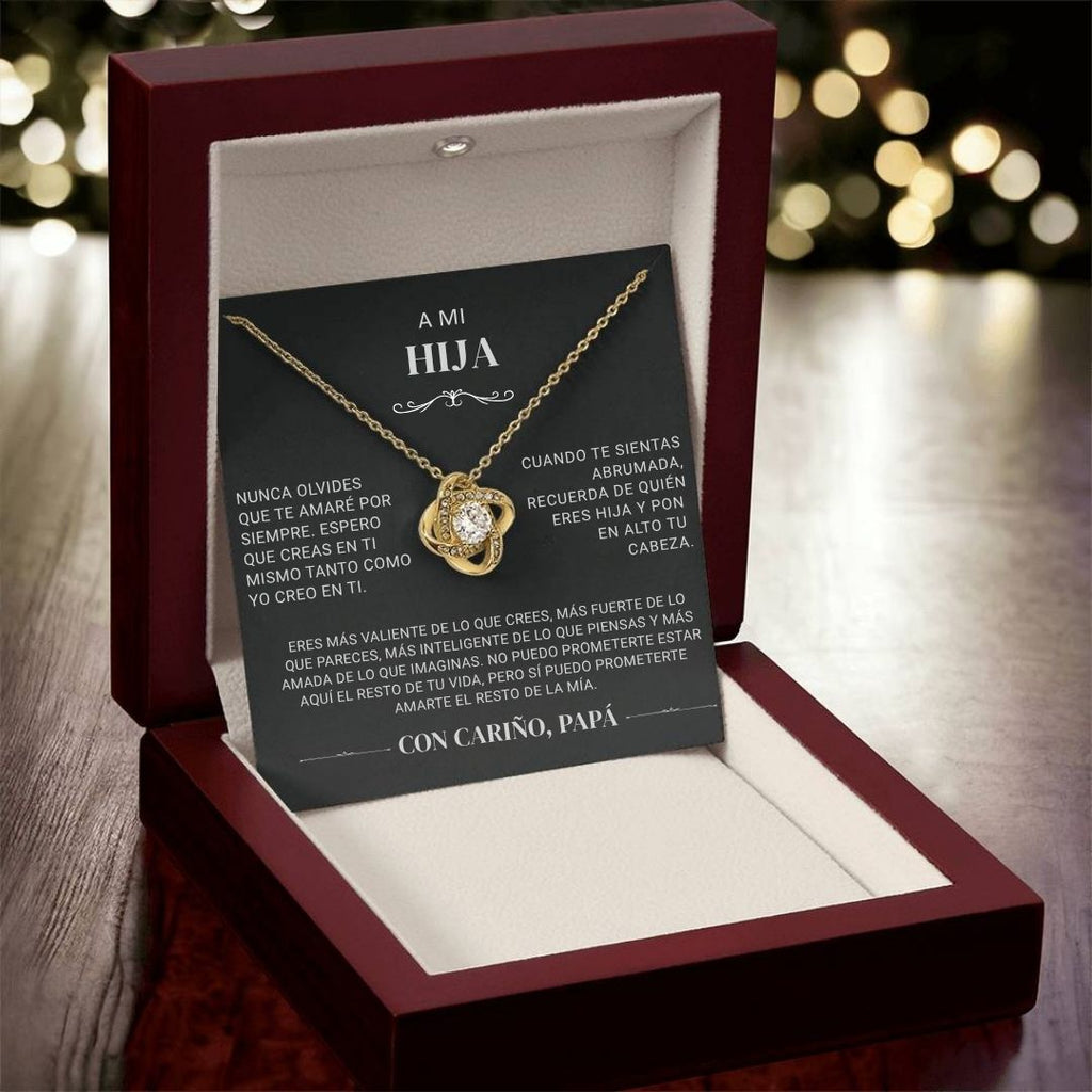 El collar "A mi hija" - Con cariño Papá se presenta en una caja de joyería roja, acompañado de una tarjeta en español que expresa el apoyo, amor y ánimo de un padre a su hija.