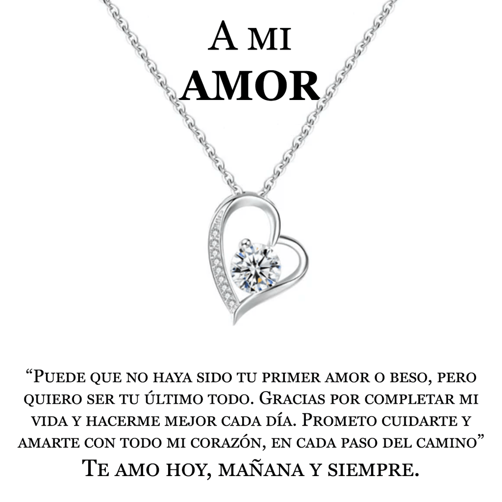 El collar Amor eterno es un collar de acero inoxidable plateado en forma de corazón con un diamante central y un mensaje en español de amor y gratitud: un regalo para mujer ideal para dar las gracias a su pareja y prometerle cariño eterno.