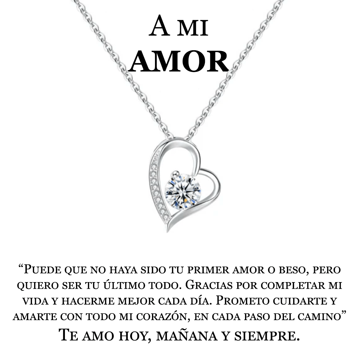 El collar Amor eterno es un collar de acero inoxidable plateado en forma de corazón con un diamante central y un mensaje en español de amor y gratitud: un regalo para mujer ideal para dar las gracias a su pareja y prometerle cariño eterno.