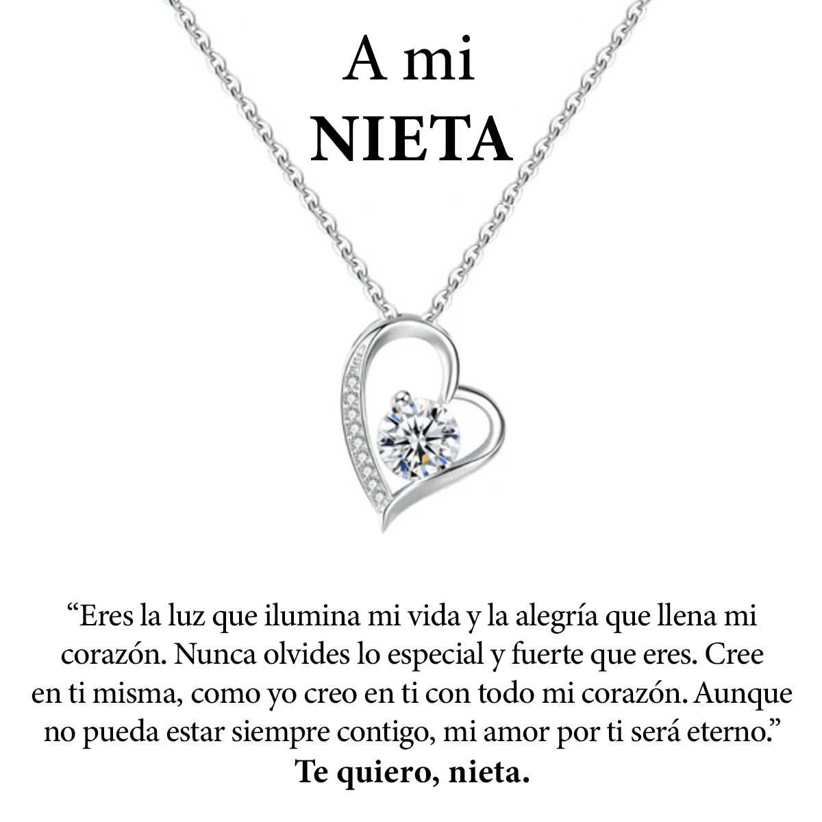 Un collar de plata en forma de corazón Amor eterno de acero inoxidable con un colgante de diamantes aparece sobre un cariñoso mensaje en español para una nieta, expresando ánimo y afecto eterno-un regalo ideal para mujer.
