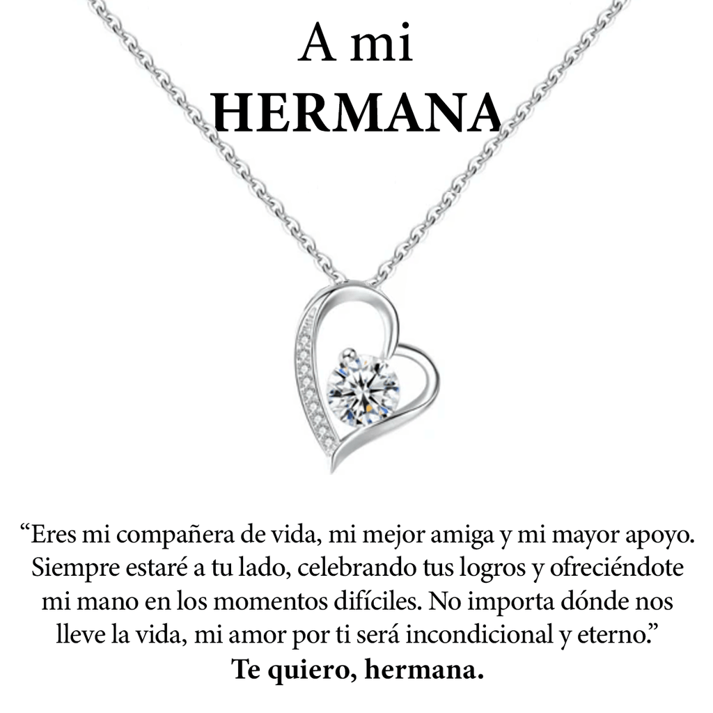 Collar Amor eterno: collar de plata con un colgante en forma de corazón y diamante, sobre un cariñoso mensaje en español para su hermana. Un regalo para mujer ideal para demostrar amor y gratitud. Termina con "Te quiero, hermana.