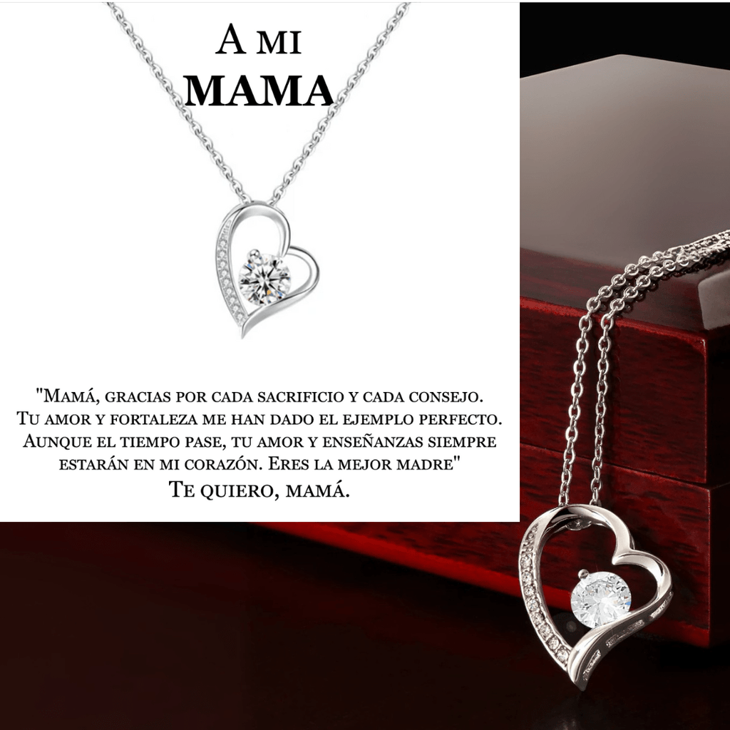 El collar Amor eterno, un collar de plata en forma de corazón con una joya central, se presenta en una caja con un texto en español que agradece a mamá su amor y su guía: un regalo para mujer inolvidable.